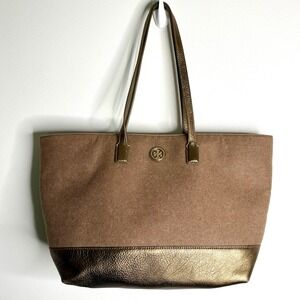 Tory Burch Emmy Tote Wool & Leather Brown Gold Logo Shoulder Bag Shopper